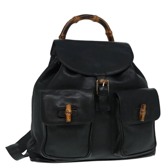 GUCCI Bamboo Backpack Leather Black Gold - Picture 1 of 15